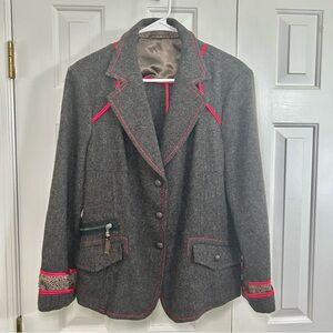 IQ Women Brown Wool Blazer Jacket Leather & Red Trim Size 16